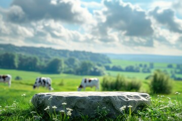 A large rock sits in the middle of a open field, with green grass and blue sky