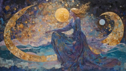 a celestial figure amidst moons and stars, embodying cosmic beauty.