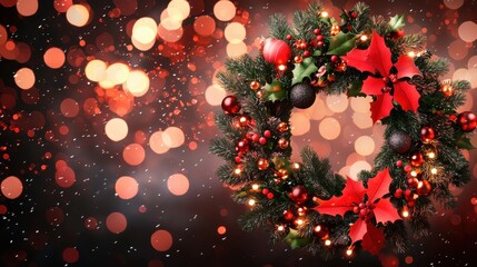 Sticker - A festive Christmas wreath decorated with red flowers and ornaments, set against a shimmering backdrop of warm, colorful lights.