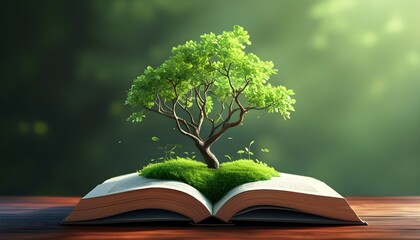 Surreal fusion of nature and literature with a vibrant tree sprouting from an open book