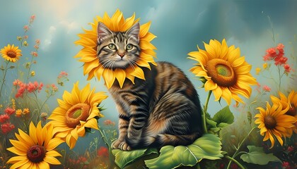 Whimsical feline perched on a vibrant sunflower in a highly realistic nature scene