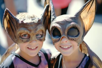 Retrato de dos niños vestidos de murciélagos para Halloween en la calle.






