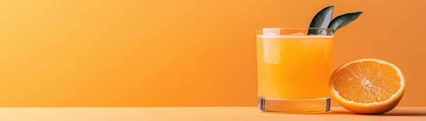 Refreshing orange juice in a glass with a slice and green leaves, set against a vibrant orange background.