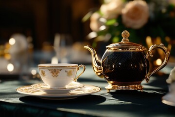 A black tea pot sits on a table next to a white cup