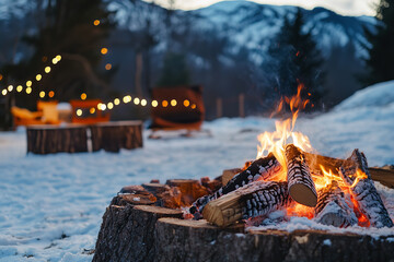 Wall Mural - snowy mountain new year's celebration with cozy campfire