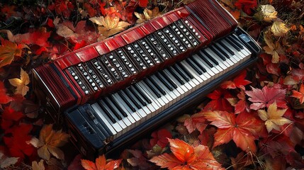 Sticker - Red Accordion Among Autumn Leaves: A Musical Still Life