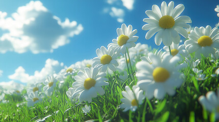 Wall Mural - Wild Daisies in the Grass with a Blue Sky