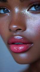 Wall Mural - Close up portrait of beautiful black skin woman. Fashion make up, beauty injections concept, cosmetology