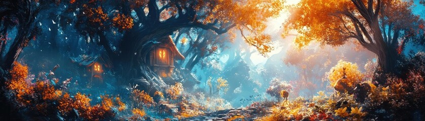 A vibrant forest bursting with fantasy creatures, set against a backdrop of a warm, inviting home, digital brush strokes create a surreal contrast