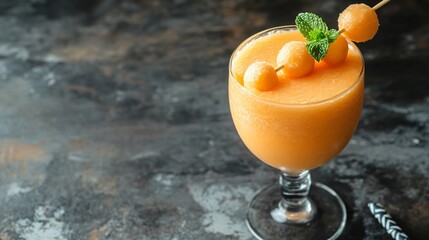 Poster - A glass of melon smoothie garnished with melon balls and a sprig of mint.