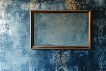 A faded denim-textured wall with a vintage copper frame, the blank center left intentionally raw