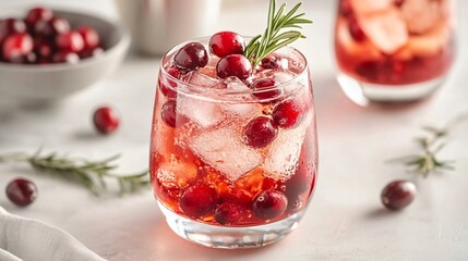 Poster - A refreshing cranberry cocktail with rosemary garnish and ice in a glass.