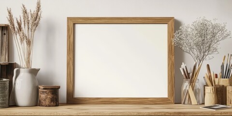 A minimalistic wooden frame on a stylish desk with decorative items, perfect for home decor inspiration or art display.