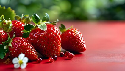 Vibrant red strawberry on a smooth red table, highlighting blank space for creativity, showcasing the healthy benefits of antioxidants and anthocyanins