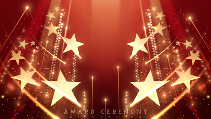 Wall Mural - Red luxury award ceremony background with moving gold stars, light beams, bokeh, and ribbon decorations. Ideas for upscale event designs. Vector illustration.