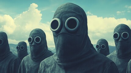 Poster - A group of people wearing gas masks and goggles