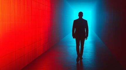 Wall Mural - A man walks through a brightly lit tunnel with red and blue walls