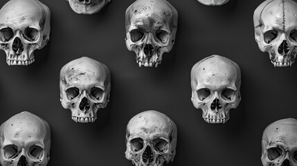 Wall Mural - A collection of black and white images of skulls, Halloween elements, Happy Hallowee