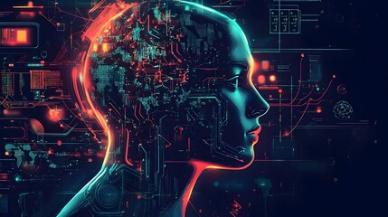 Wall Mural - Futuristic Intelligence Cyborg Brain with Vibrant Circuit Connections