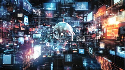Futuristic Digital Landscape with Abstract Intelligence Visualization