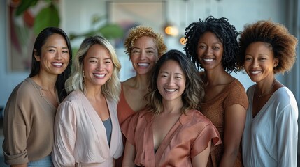 A diverse group of women smiling in a cheerful setting, showcasing positivity and inclusion, set in a vibrant and lively environment with modern accents.