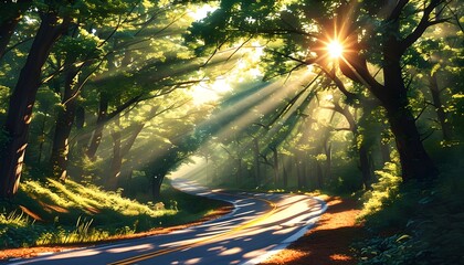 Sunlit forest road in the countryside with rays of light filtering through the tree canopy