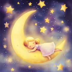 A cute little girl sleeping on the moon on a purple starry night sky background in a cartoon style. Children's book illustration