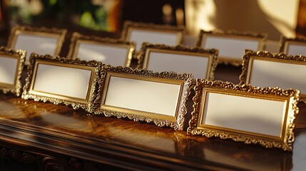 Wedding place cards with decorations in a gold frame, arranged on wooden tables in an elegant setting. Blank space inside each card is perfect for personalized messages or guest names.