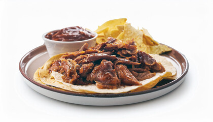 Mexican cuisine, plate of fajitas, grilled meat strips, bell peppers