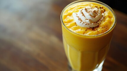 Poster - Close up of a creamy yellow smoothie in a glass on a wooden table.