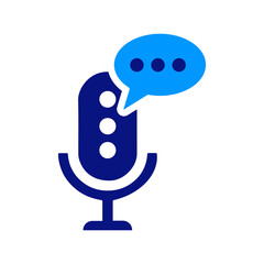 Microphone with a speech bubble, three buttons on the mic, blue tones, minimalistic style, bold contrast, communication tool, audio recording, simple shapes, clear design.