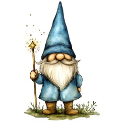 Sticker - Watercolor Illustration of a Friendly Gnome Holding a Sparkling Staff.