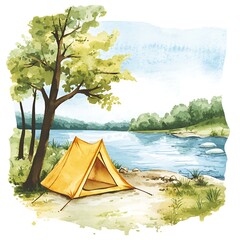 Wall Mural - Watercolor Painting of a Tent by a River.