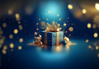 A blue gift box with a gold bow and ribbon sits on a blue surface with gold baubles and stars.