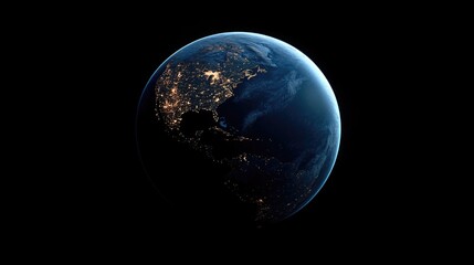 the planet earth seen from space, in blue color with lights on the night side of it.