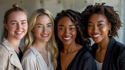 A quartet of women standing closely together, smiling warmly, inside what appears to be an industrial-style interior, conveying genuine friendship and joy.