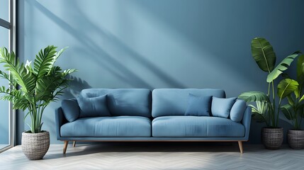 Wall Mural - Minimalist living room with light blue wall, blue sofa, indoor plants, wooden floor, pastel color scheme, Scandinavian design, natural light, contemporary furniture.