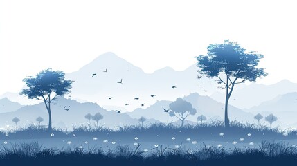 Peaceful Blue Landscape with Silhouetted Trees and Mountains