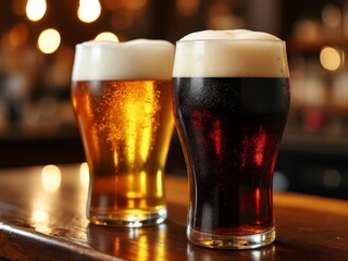 Two Glasses of Beer with Frothy Heads, Light Lager and Dark Stout on Wooden Bar Counter in Cozy Pub Setting with Warm Lighting