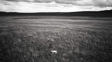A lone polar bear wanders across a warming tundra. Its white fur sharply contrasts with the brown and green land. Climate change disrupts the bear’s natural camouflage, making it vulnerable.