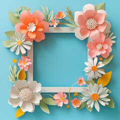 A square frame with colorful pastel flowers on a blue background.