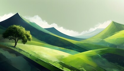 Vibrant abstract green landscape with rolling hills and majestic mountains in a stunning wallpaper design