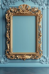 Wall Mural - A pale blue wall with a baroque gold frame, the center empty and emphasizing the ornate details 