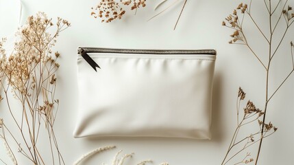 Wall Mural - Elegant white pouch mockup with delicate dried flowers. Floral accents. Accessory display template advertising image. Cosmetic bag. Makeup purse with black zipper mock up product