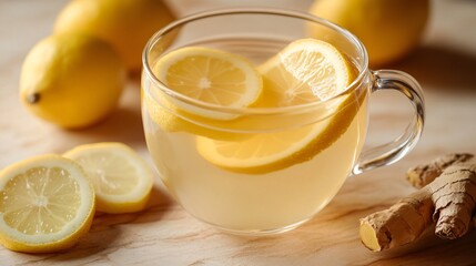 Poster - Closeup of a glass mug with lemon ginger tea, with fresh lemons and ginger root in the background.