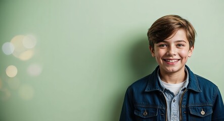 Wall Mural - Cheerful Caucasian teenage boy with brown hair wearing jacket on plain light green background