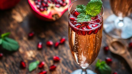 Close-up of a glass of champagne with pomegranate seeds and mint leaves on a rustic wooden table.