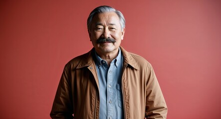 Wall Mural - Confident elderly Asian man with mustache wearing casual jacket on plain red background