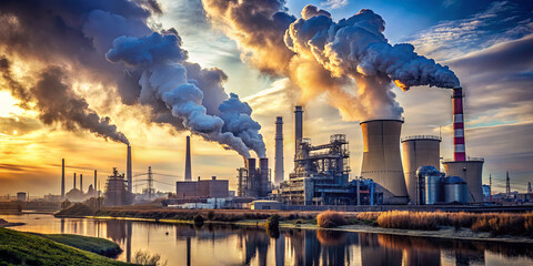 At sunset, a striking industrial landscape showcases smokestacks and factories emitting thick clouds of smoke. The river reflects the vibrant colors of the sky, enhancing the dramatic scene