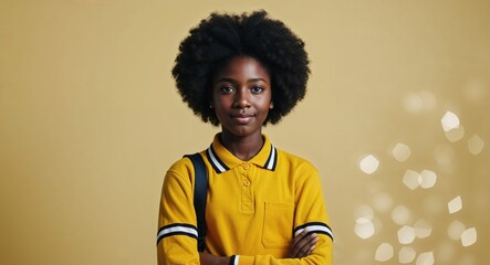 Wall Mural - Confident young Black girl with afro puffs wearing school uniform on plain yellow background